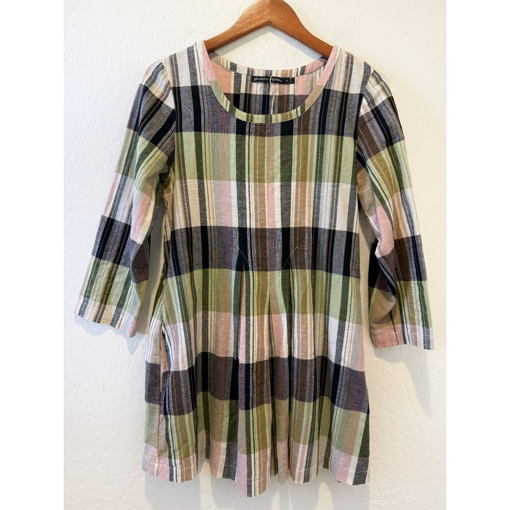 NEW Gudrun Sjoden Womens Small Tunic Dress Plaid Cotton Linen Pleated 3/4 Sleeve
